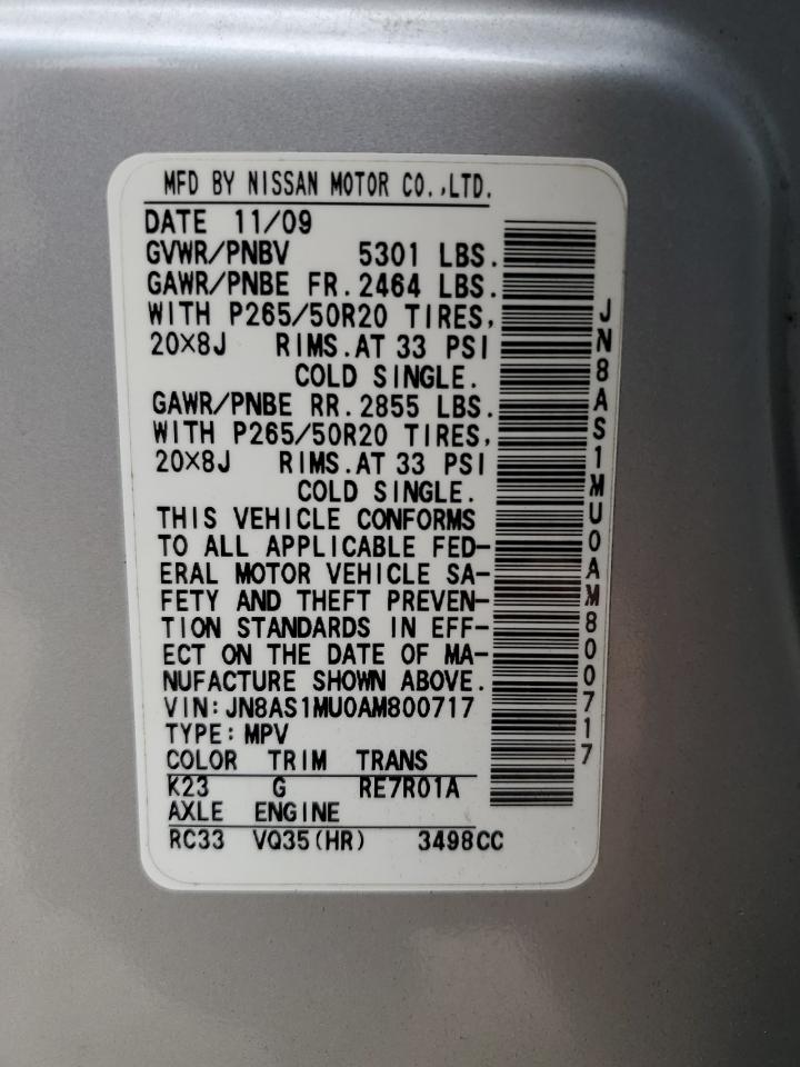 2010 Infiniti FX VIN JN8AS1MU0AM800717 Copart auction photo, front end damage thumbnail 13