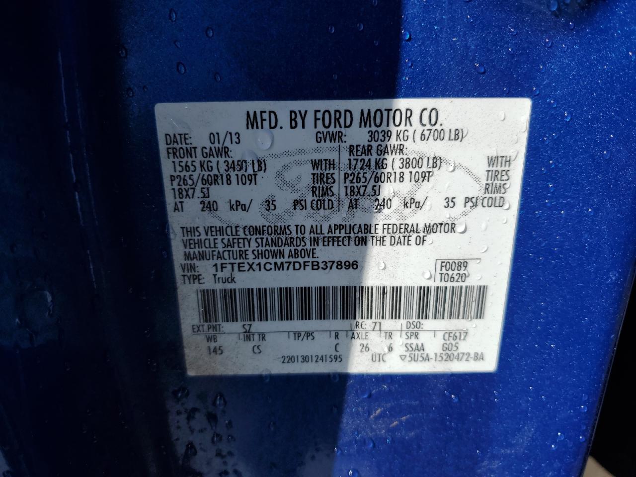 2013 Ford F-150 VIN 1FTEX1CM7DFB37896 Copart auction photo, side damage thumbnail 13