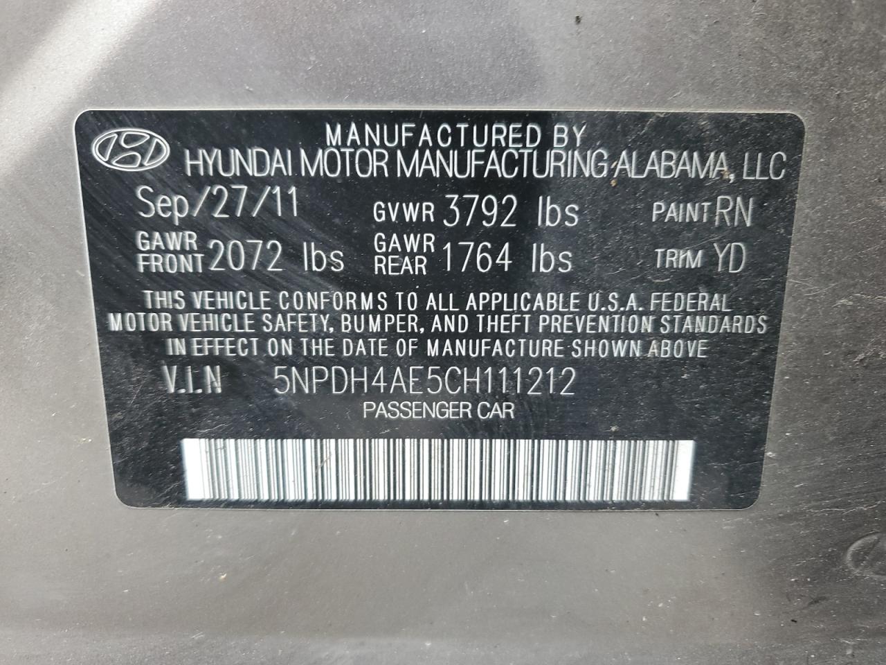 2012 Hyundai Elantra VIN 5NPDH4AE5CH111212 Copart auction photo, all over damage thumbnail 12