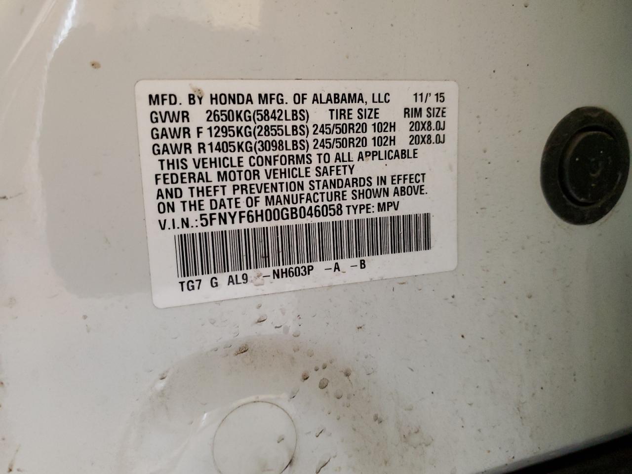 2016 Honda Pilot VIN 5FNYF6H00GB046058 Copart auction photo, front end / minor dent/scratches damage thumbnail 13