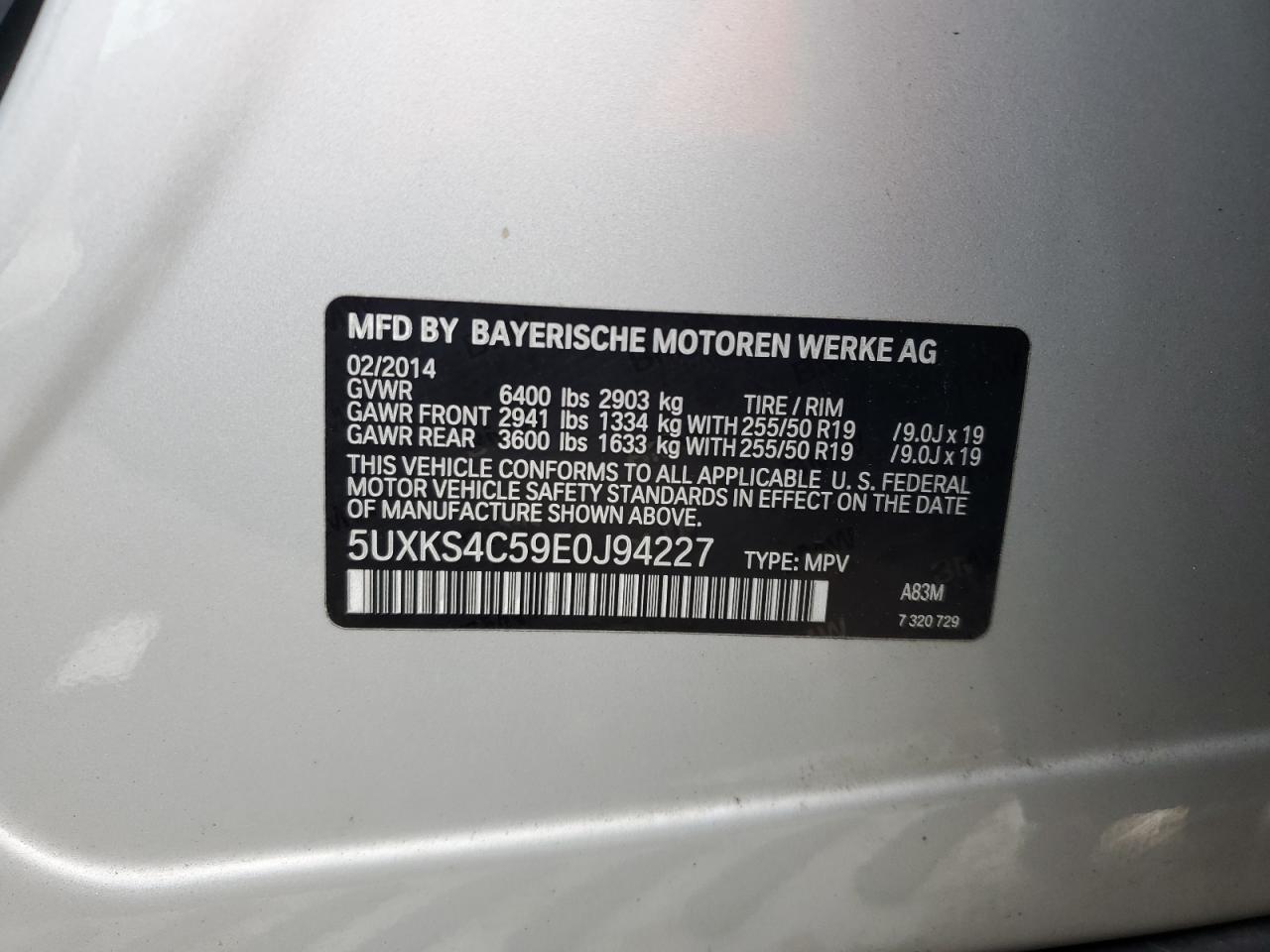 2014 BMW X5 VIN 5UXKS4C59E0J94227 Copart auction photo, mechanical / normal wear damage thumbnail 13