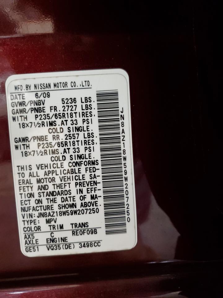 2009 Nissan Murano VIN JN8AZ18W59W207250 Copart auction photo, all over / undercarriage damage thumbnail 16