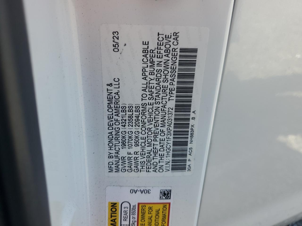 2023 Honda Accord VIN 1HGCY1F3XPA031372 Copart auction photo, water/flood / minor dent/scratches damage thumbnail 13