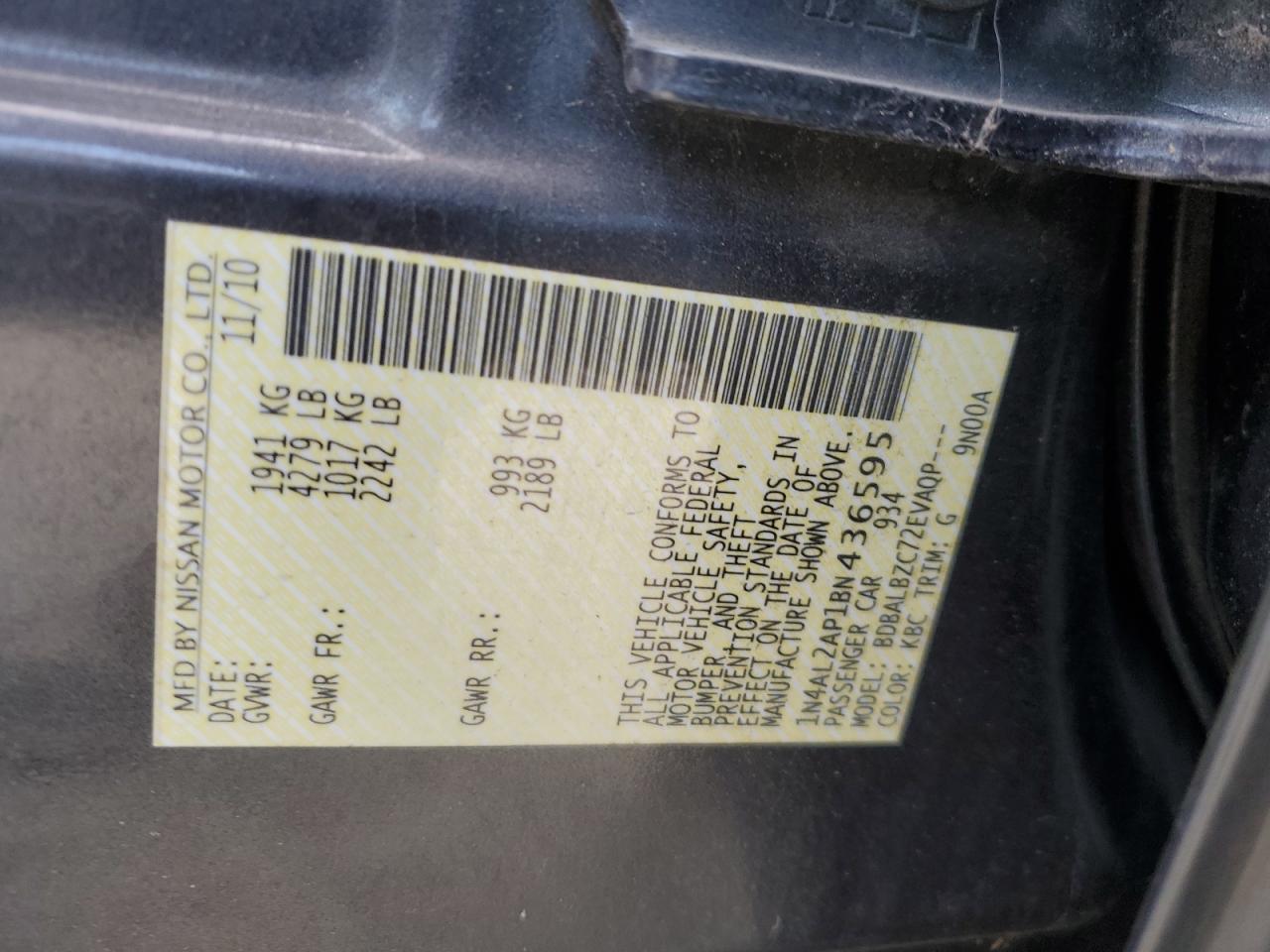 2011 Nissan Altima VIN 1N4AL2AP1BN436595 Copart auction photo, front end damage thumbnail 12