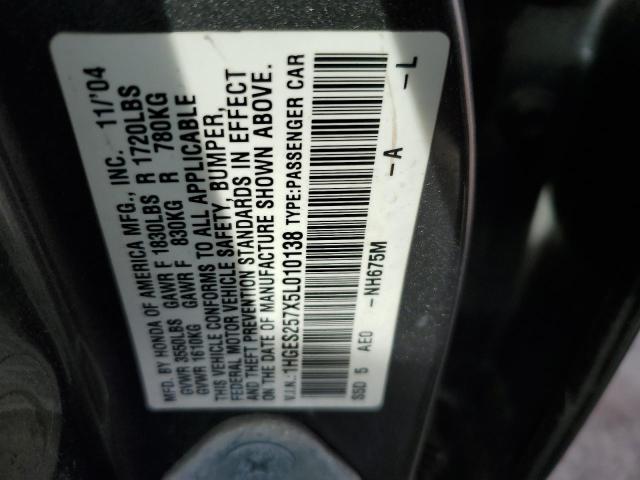2005 Honda Civic VIN 1HGES257X5L010138 Copart auction photo, front end / minor dent/scratches damage thumbnail 12