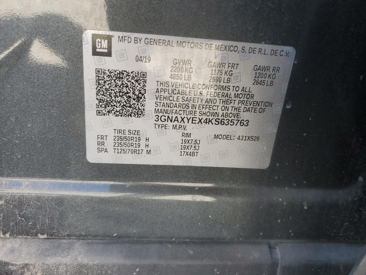 2019 Chevrolet Equinox VIN 3GNAXYEX4KS635763 Copart auction photo, front end / mechanical damage thumbnail 13