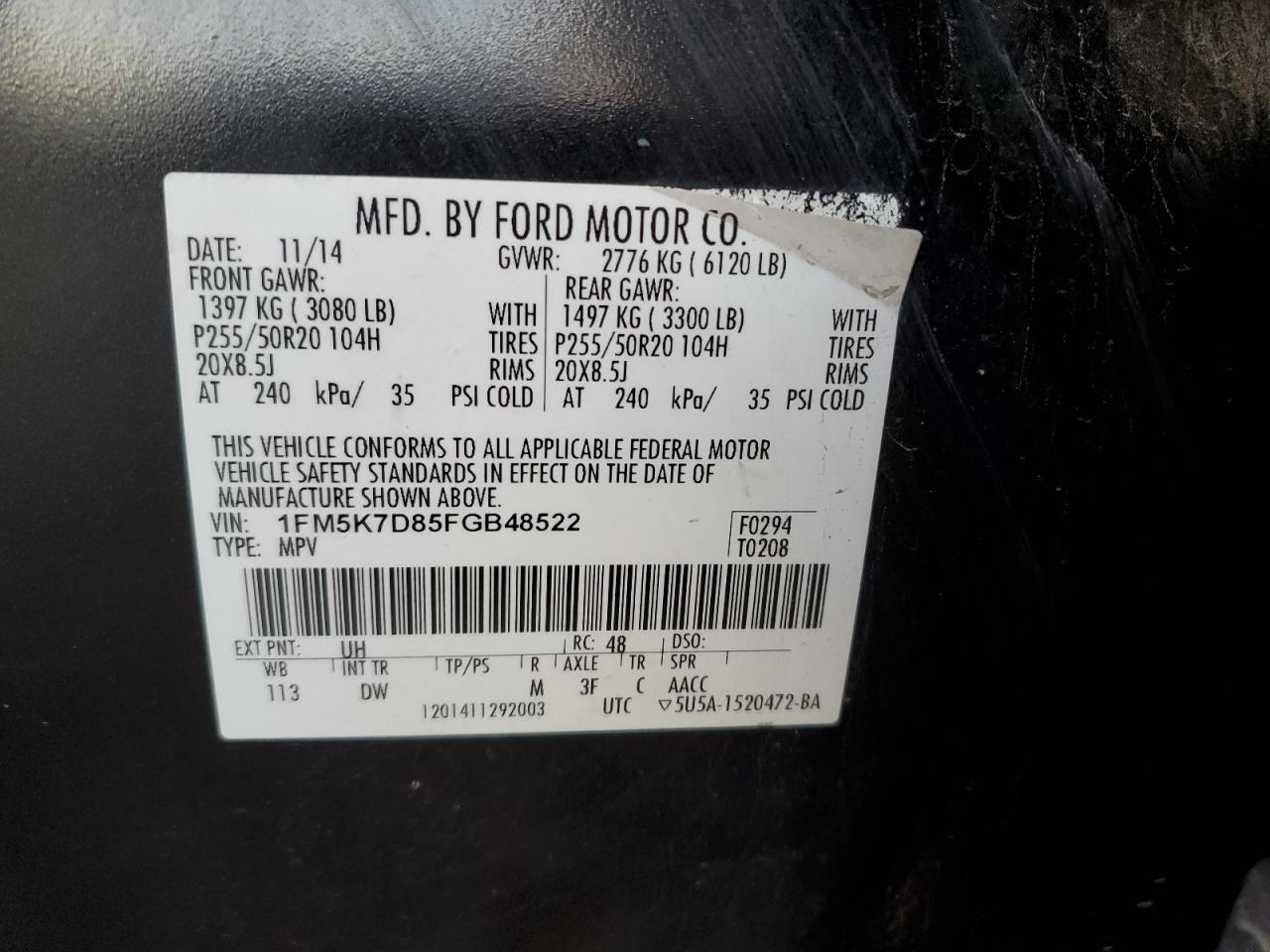 2015 Ford Explorer VIN 1FM5K7D85FGB48522 Copart auction photo, rear end / side damage thumbnail 13