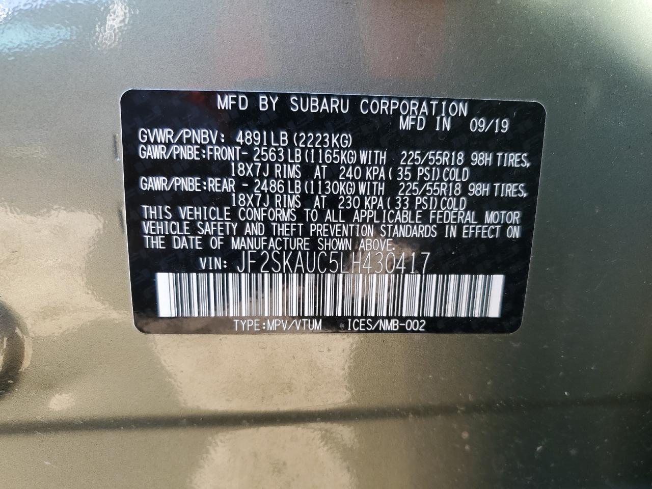 2020 Subaru Forester VIN JF2SKAUC5LH430417 Copart auction photo, rear end / side damage thumbnail 13