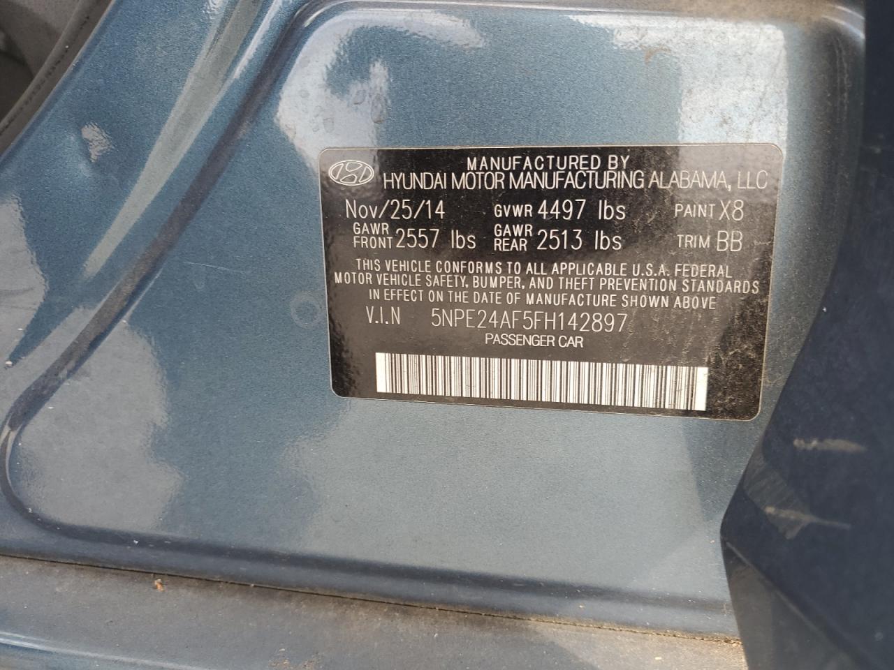 2015 Hyundai Sonata VIN 5NPE24AF5FH142897 Copart auction photo, rear end / side damage thumbnail 12