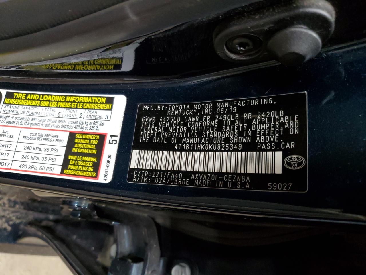 2019 Toyota Camry VIN 4T1B11HK0KU825349 Copart auction photo, front end / mechanical damage thumbnail 14