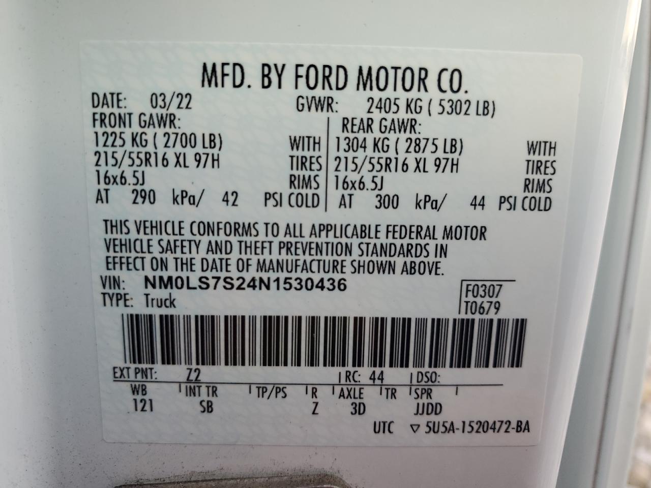 2022 Ford Transit VIN NM0LS7S24N1530436 Copart auction photo, front end / undercarriage damage thumbnail 12