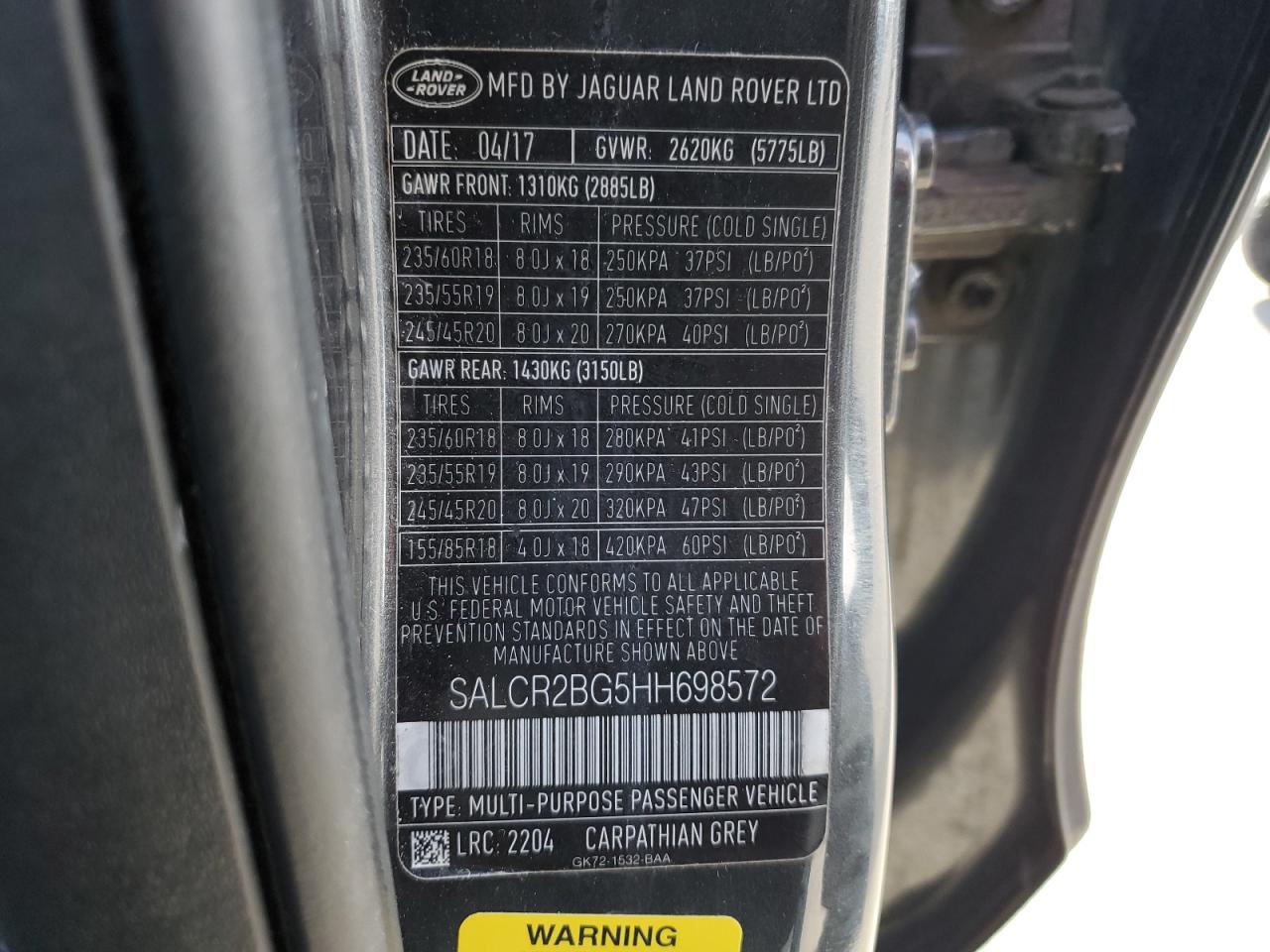 2017 Land Rover Discovery VIN SALCR2BG5HH698572 Copart auction photo, rear end damage thumbnail 14