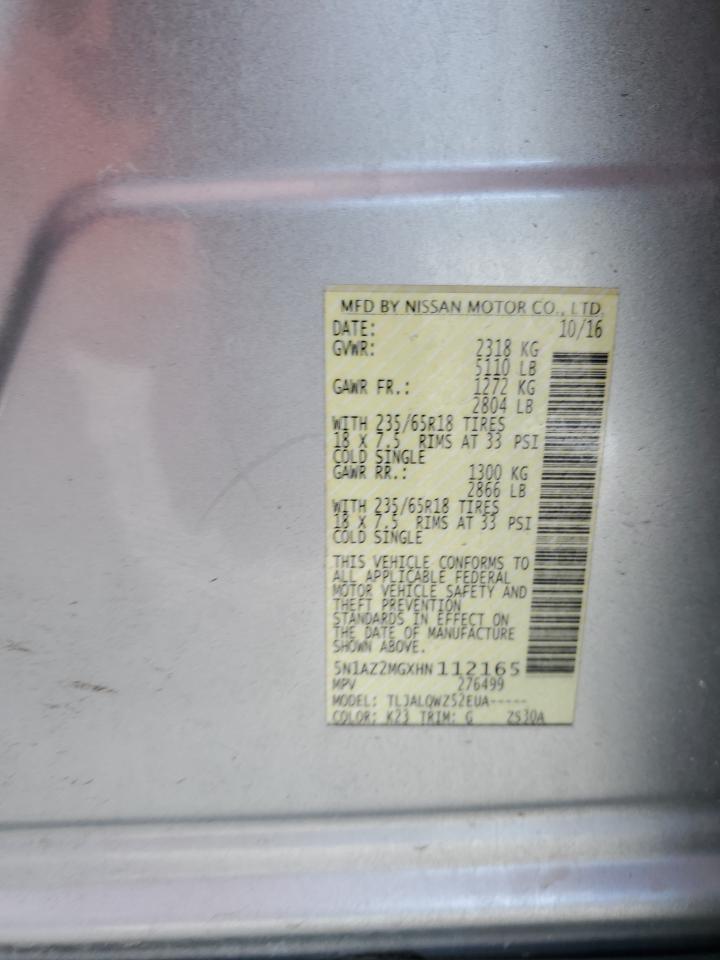 2017 Nissan Murano VIN 5N1AZ2MGXHN112165 Copart auction photo, side damage thumbnail 13