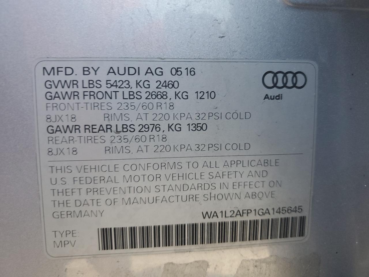 2016 Audi Q5 VIN WA1L2AFP1GA145645 Copart auction photo, side / minor dent/scratches damage thumbnail 13