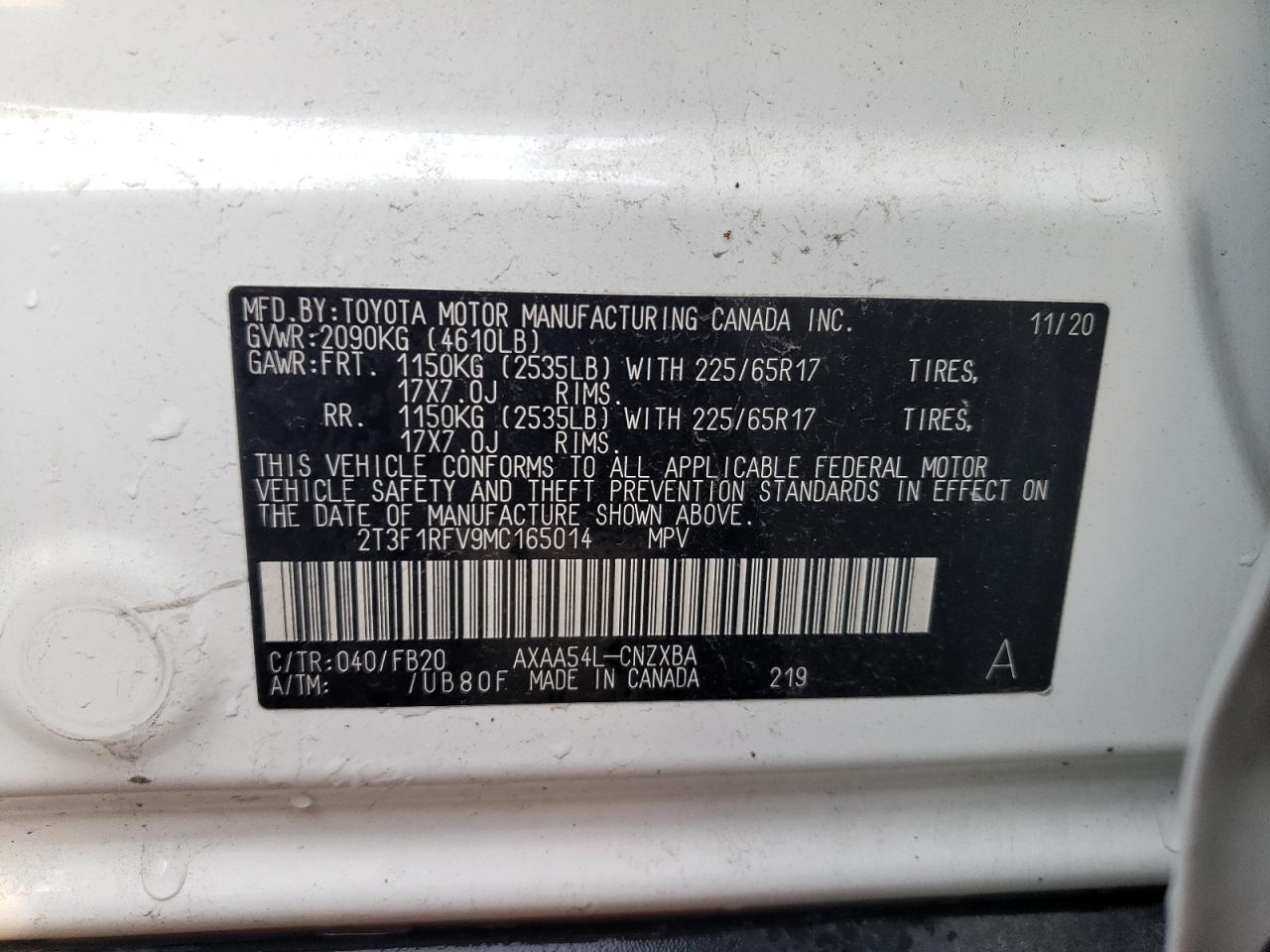 2021 Toyota RAV 4 VIN 2T3F1RFV9MC165014 Copart auction photo, front end / minor dent/scratches damage thumbnail 13