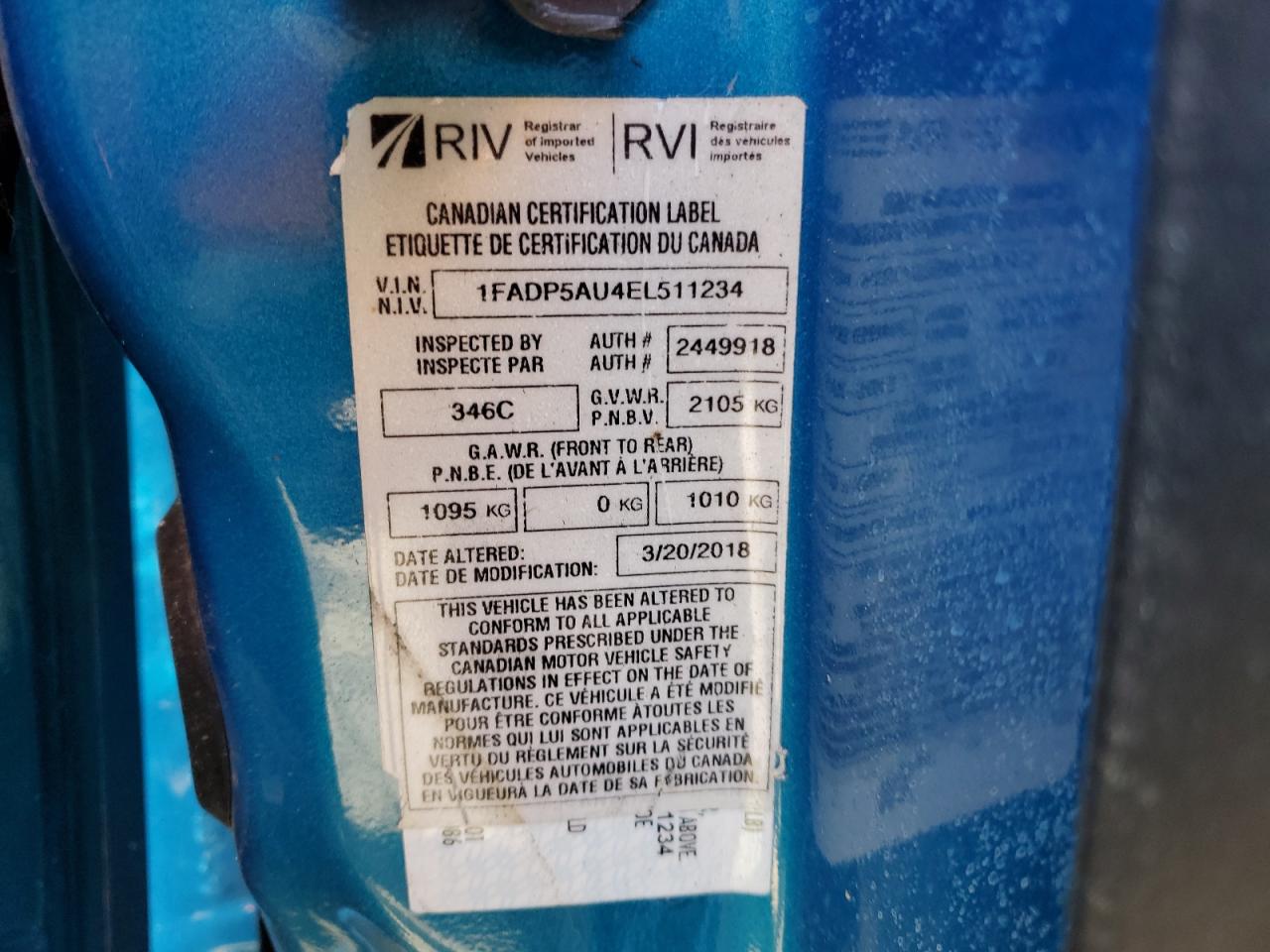 2014 Ford C-MAX VIN 1FADP5AU4EL511234 Copart auction photo, side / front end damage thumbnail 12
