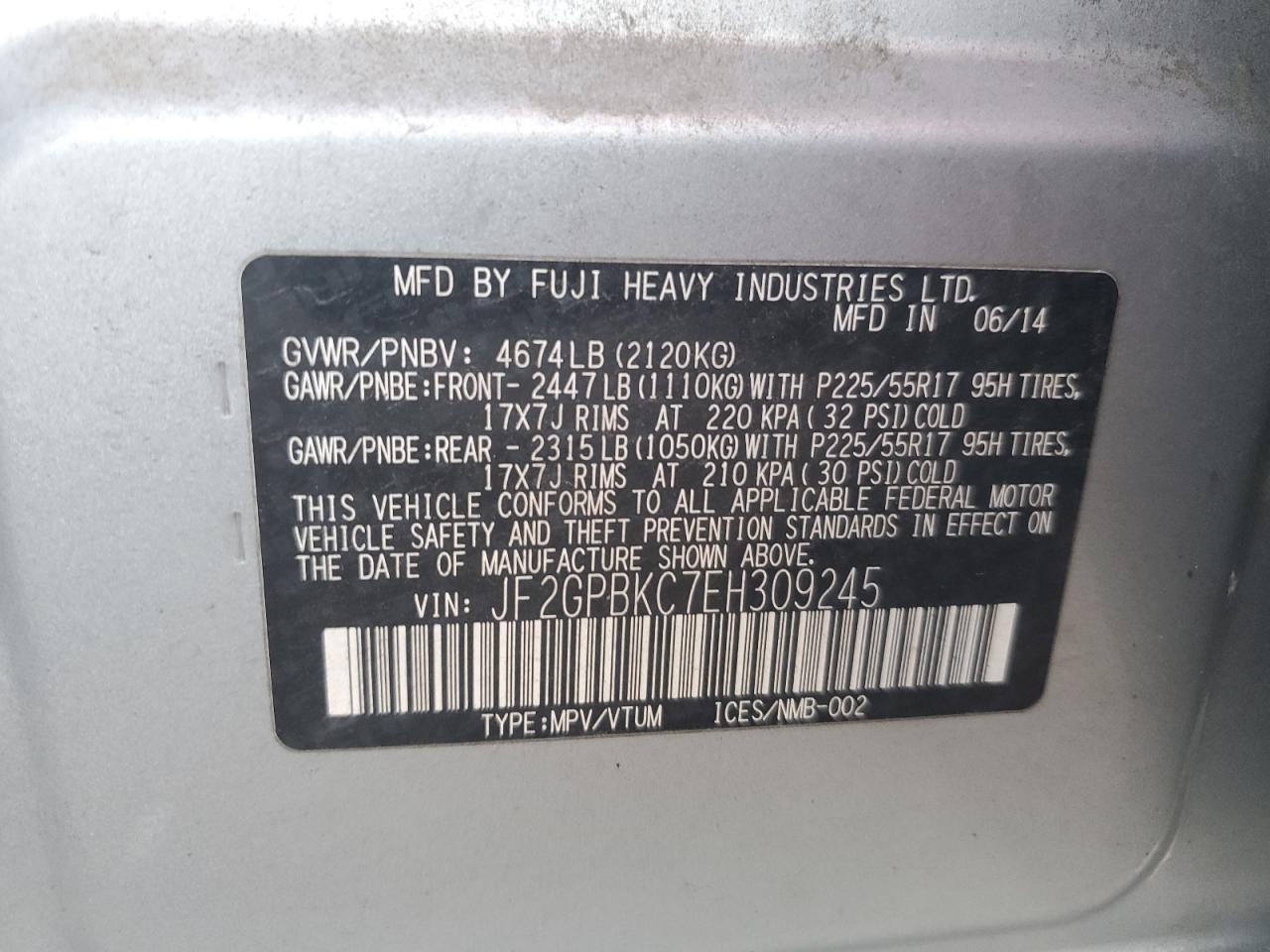 2014 Subaru XV VIN JF2GPBKC7EH309245 Copart auction photo, rear end damage thumbnail 13