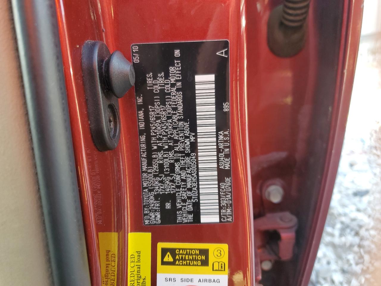 2010 Toyota Highlander VIN 5TDZA3EH5AS005049 Copart auction photo, all over / mechanical damage thumbnail 13