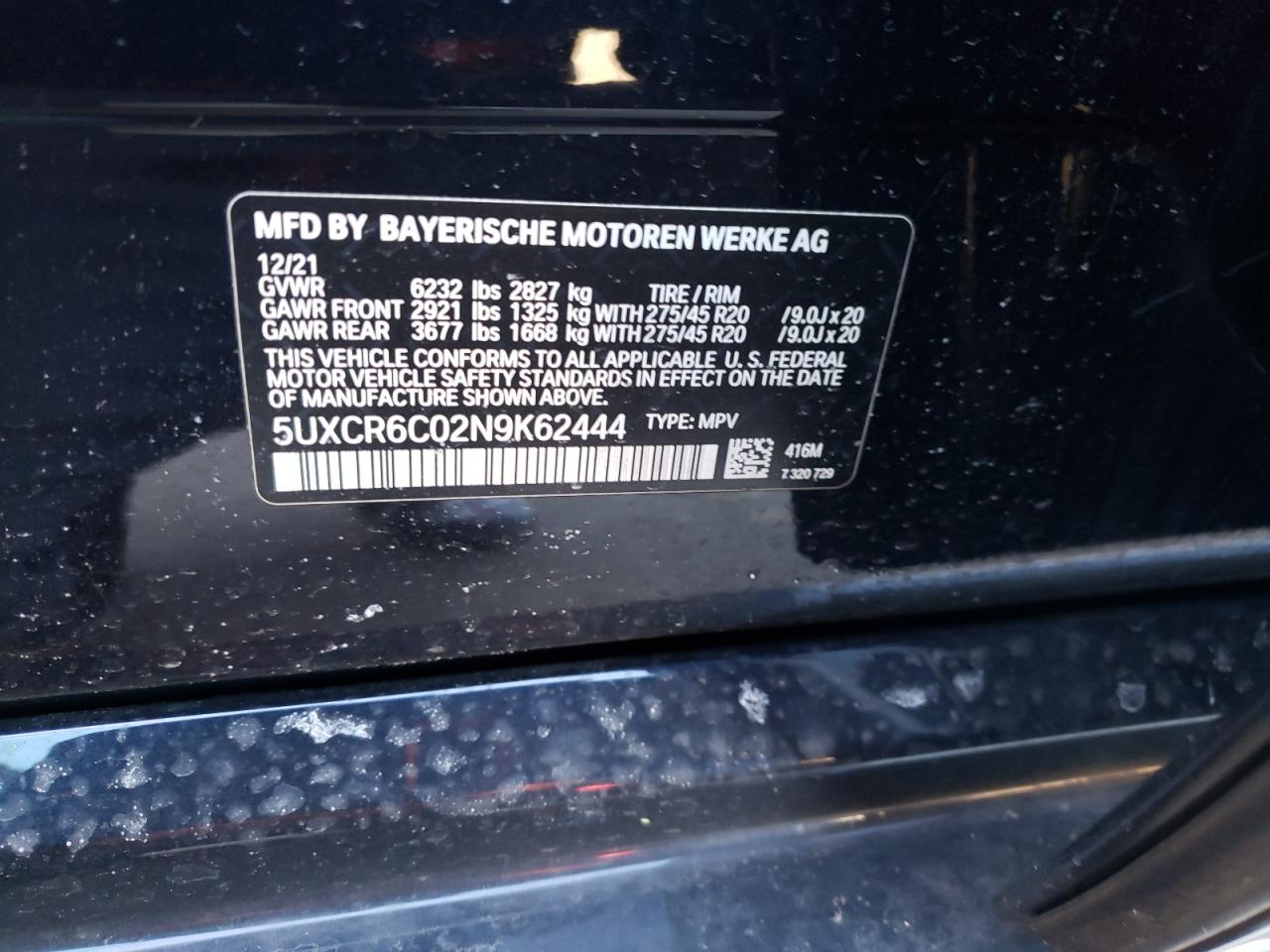 2022 BMW X5 VIN 5UXCR6C02N9K62444 Copart auction photo, front end damage thumbnail 15
