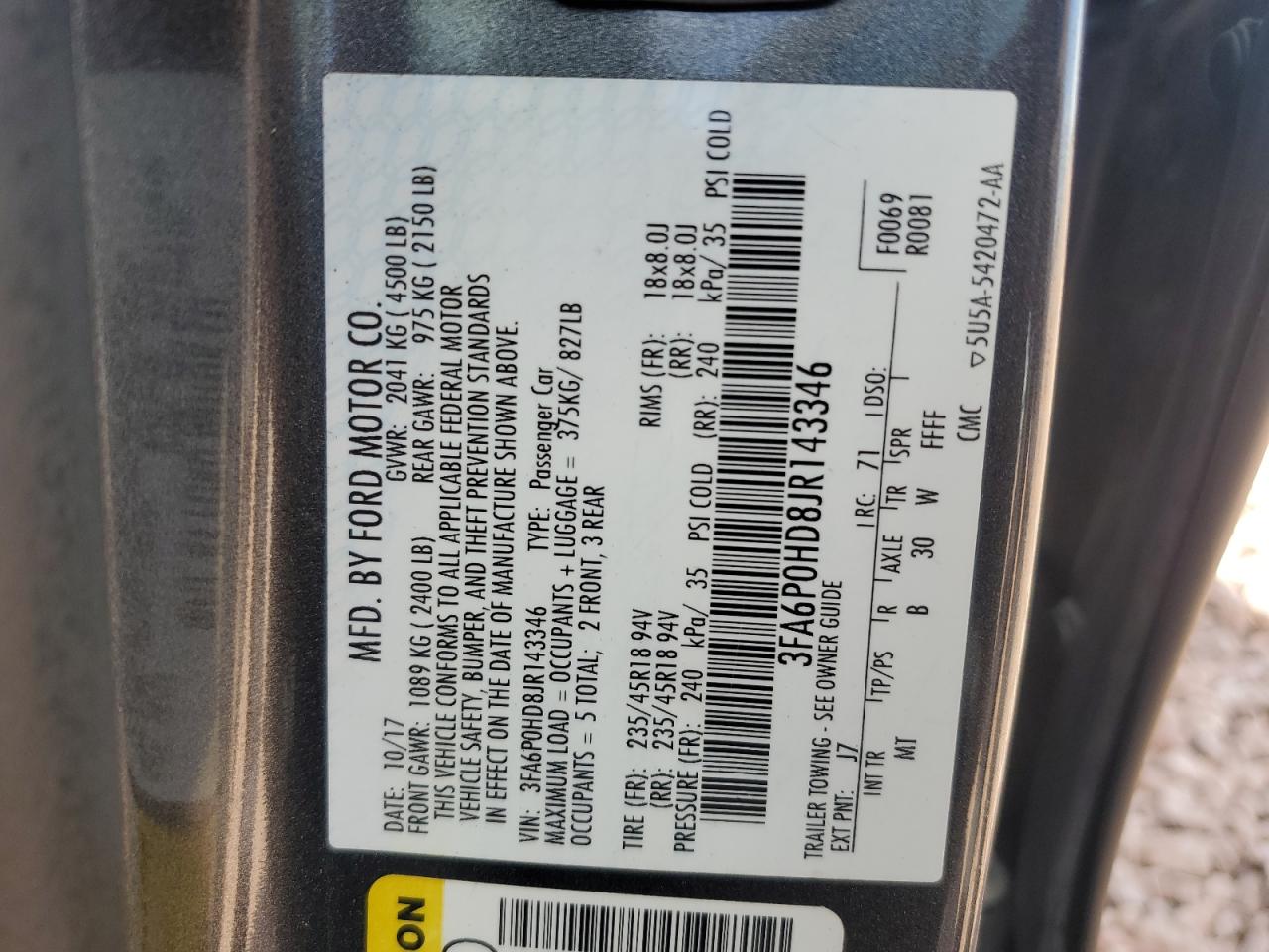 2018 Ford Fusion VIN 3FA6P0HD8JR143346 Copart auction photo, rear end damage thumbnail 14