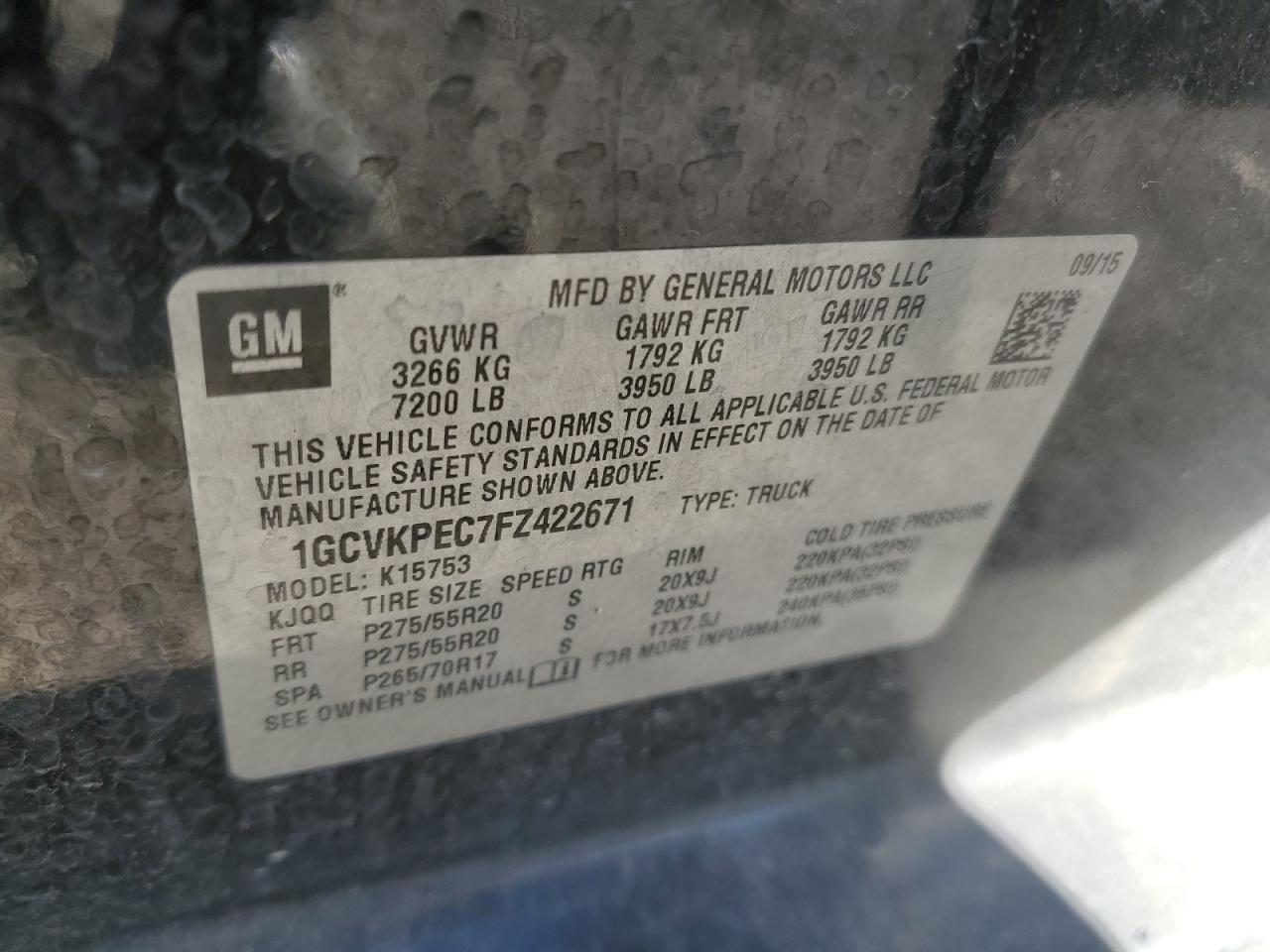 2015 Chevrolet Silverado VIN 1GCVKPEC7FZ422671 Copart auction photo, all over / undercarriage damage thumbnail 14