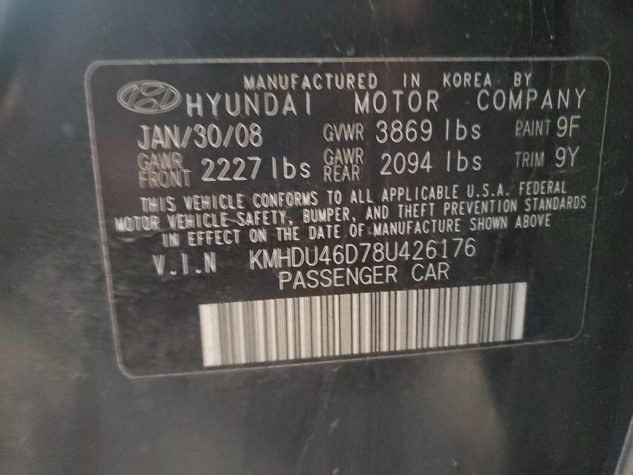 2008 Hyundai Elantra VIN KMHDU46D78U426176 Copart auction photo, front end damage thumbnail 12