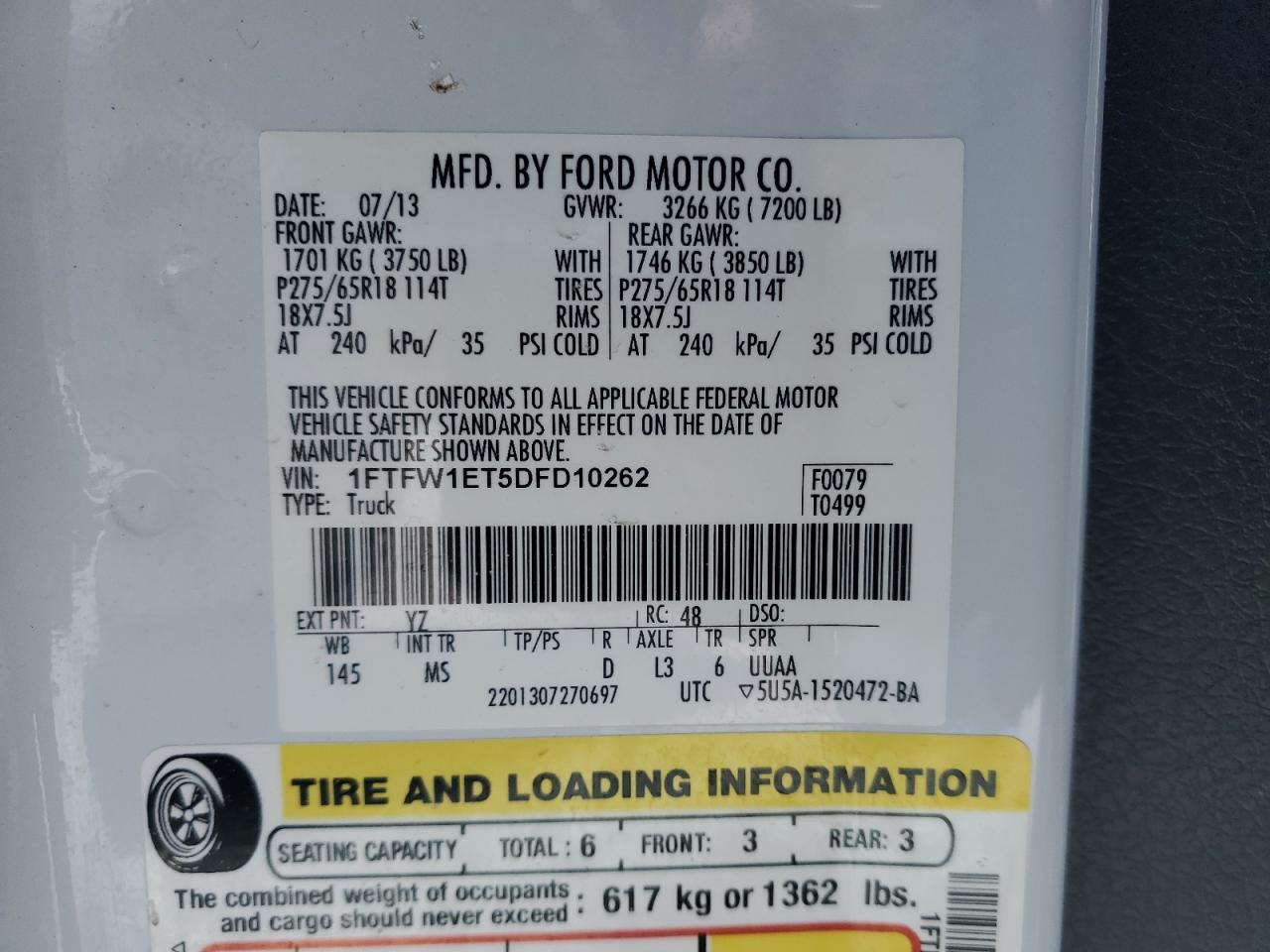 2013 Ford F-150 VIN 1FTFW1ET5DFD10262 Copart auction photo, rear end / minor dent/scratches damage thumbnail 12