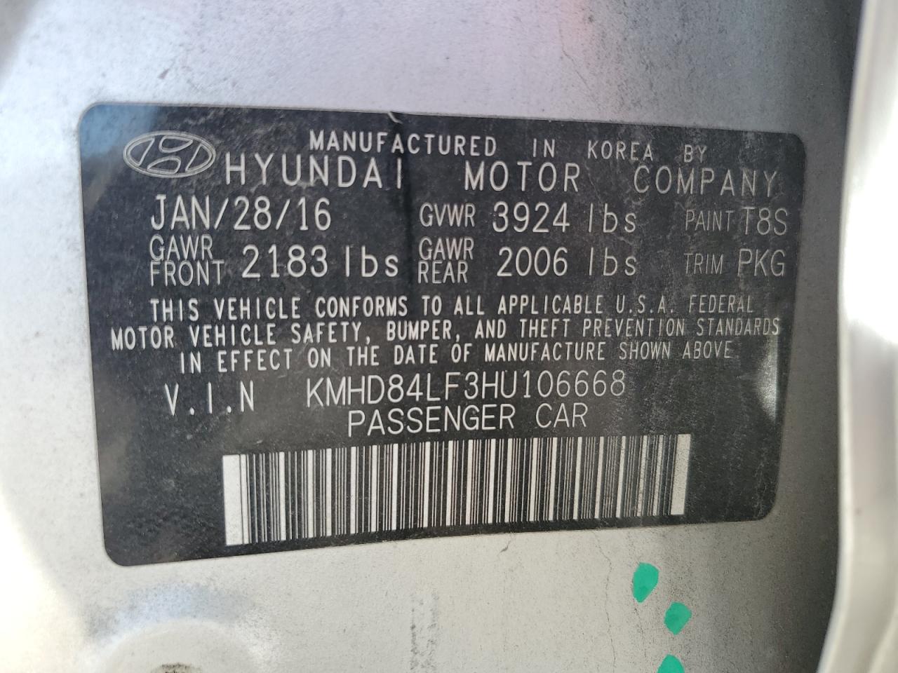 2017 Hyundai Elantra VIN KMHD84LF3HU106668 Copart auction photo, front end damage thumbnail 13