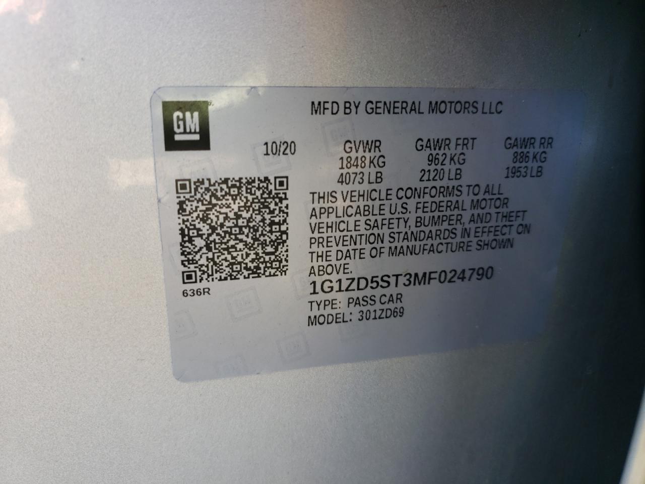 2021 Chevrolet Malibu VIN 1G1ZD5ST3MF024790 Copart auction photo, front end damage thumbnail 14