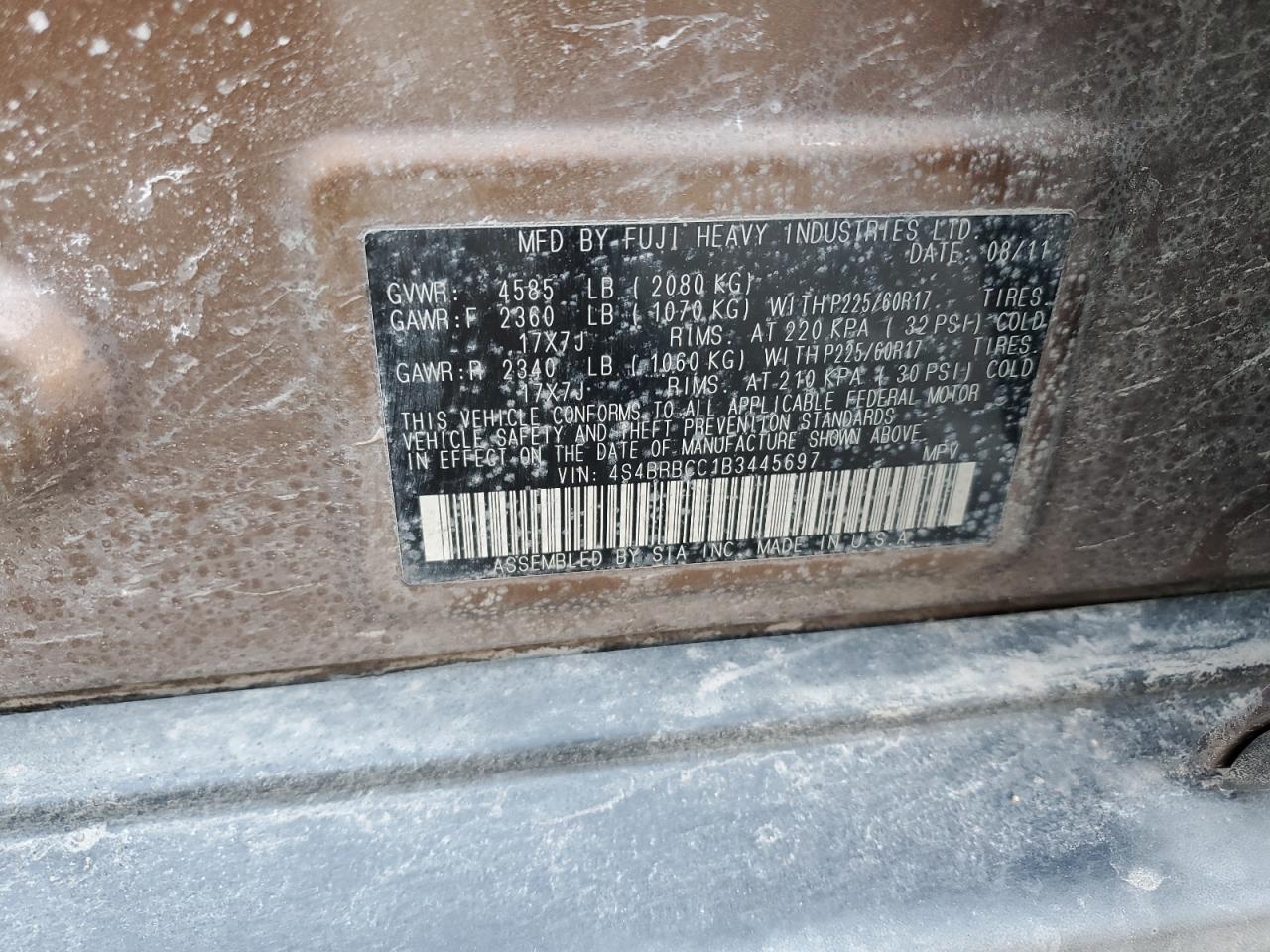 2011 Subaru Outback VIN 4S4BRBCC1B3445697 Copart auction photo, front end damage thumbnail 15