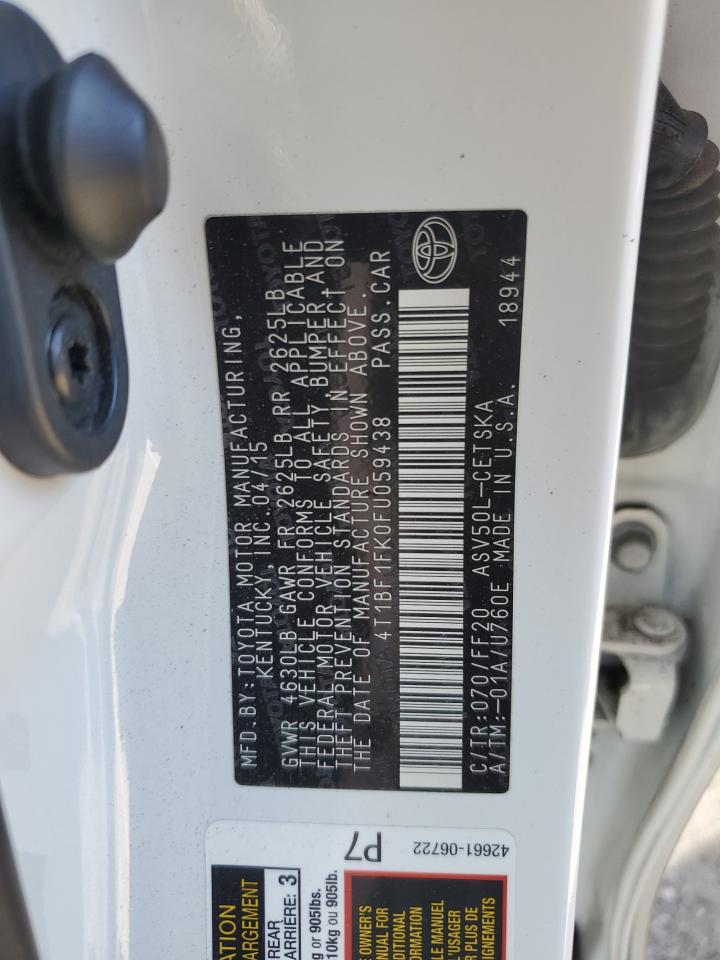 2015 Toyota Camry VIN 4T1BF1FK0FU059438 Copart auction photo, rear end damage thumbnail 12