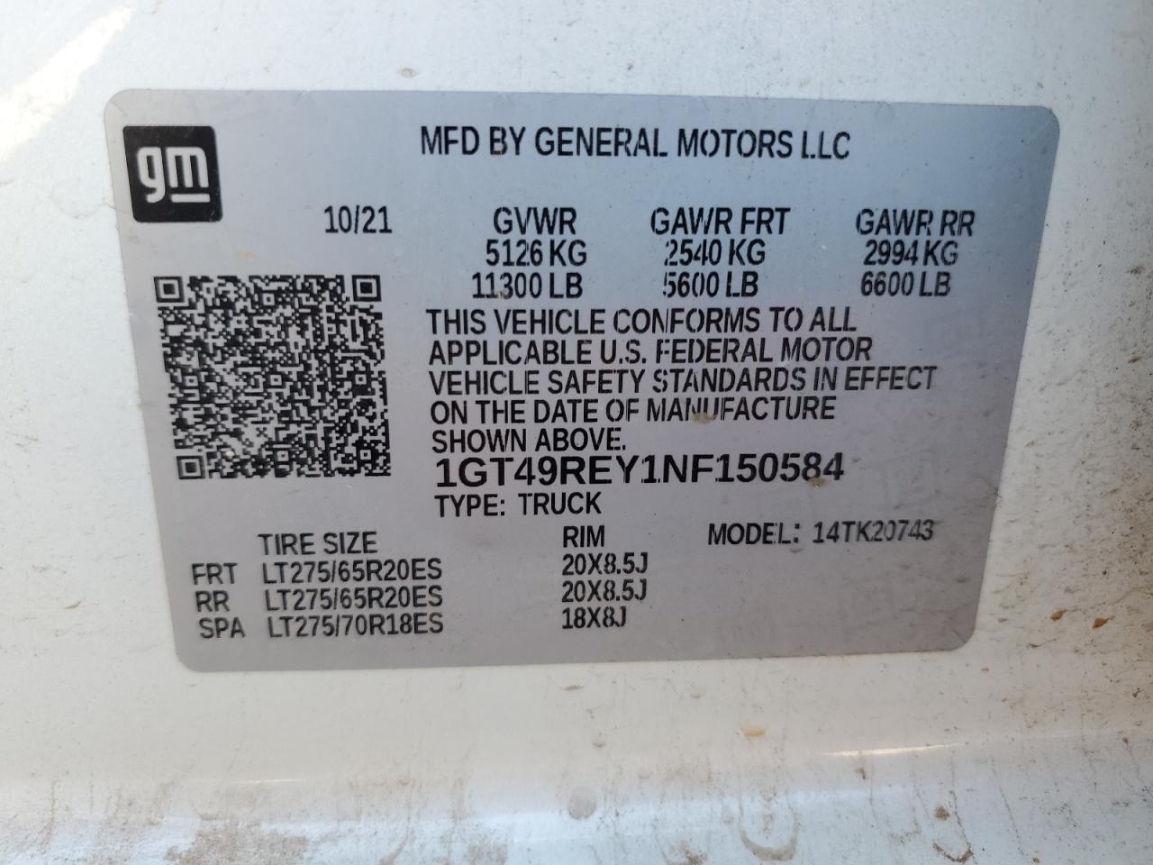 2022 GMC Sierra VIN 1GT49REY1NF150584 Copart auction photo, front end damage thumbnail 12