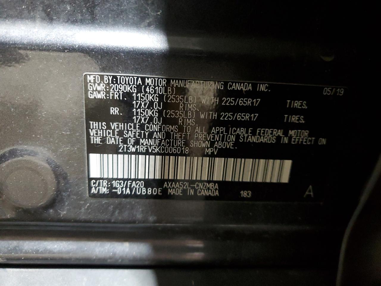 2019 Toyota RAV 4 VIN 2T3W1RFV5KC006018 Copart auction photo, side damage thumbnail 13