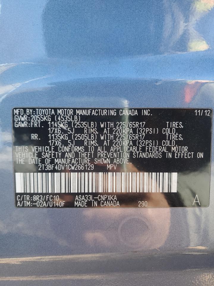 2012 Toyota RAV 4 VIN 2T3BF4DV1CW266129 Copart auction photo, side / front end damage thumbnail 13