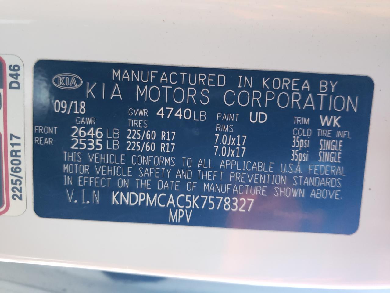 2019 KIA Sportage VIN KNDPMCAC5K7578327 Copart auction photo, rear end damage thumbnail 12