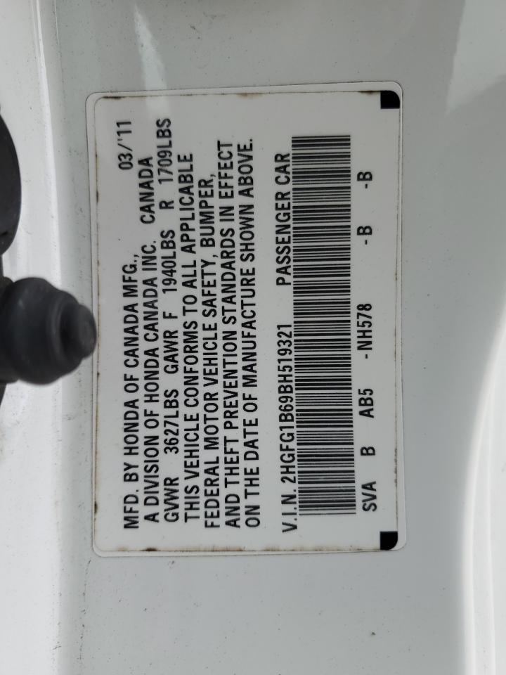 2011 Honda Civic VIN 2HGFG1B69BH519321 Copart auction photo, burn - engine damage thumbnail 12