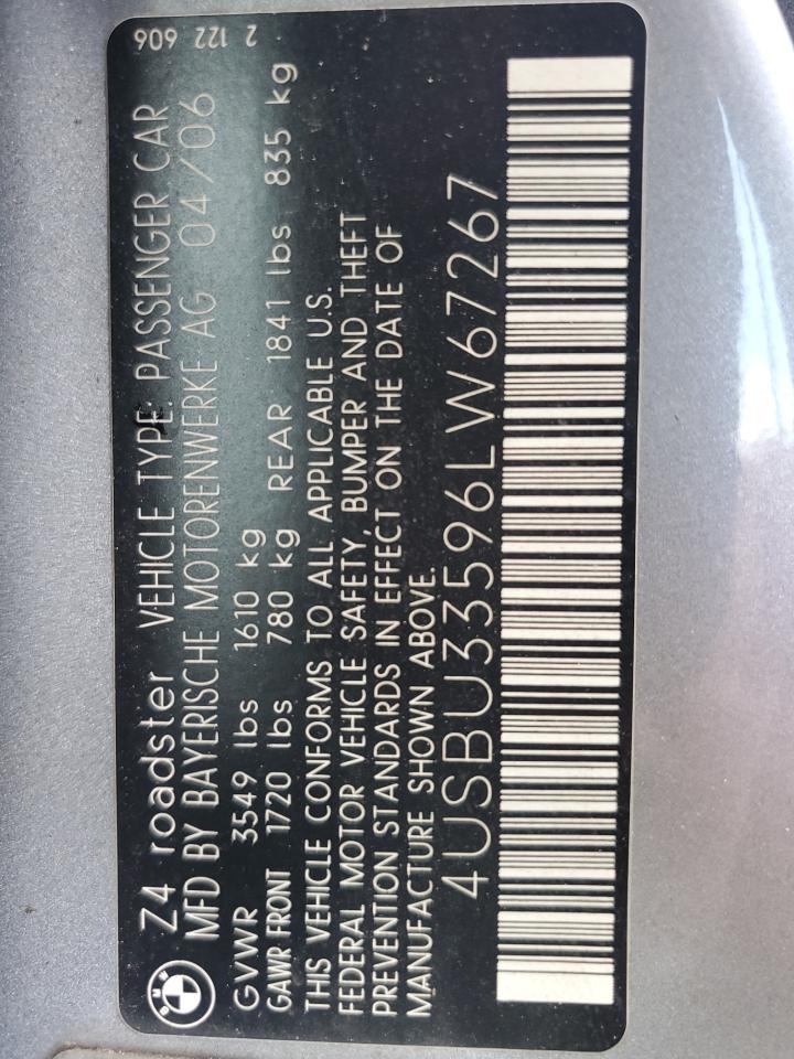 2006 BMW Z4 VIN 4USBU33596LW67267 Copart auction photo, front end damage thumbnail 12