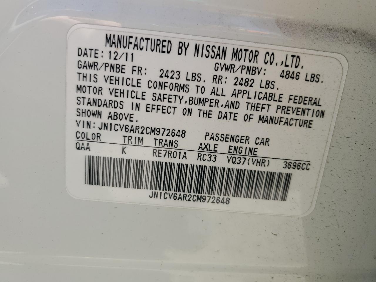 2012 Infiniti G VIN JN1CV6AR2CM972648 Copart auction photo, front end / side damage thumbnail 14