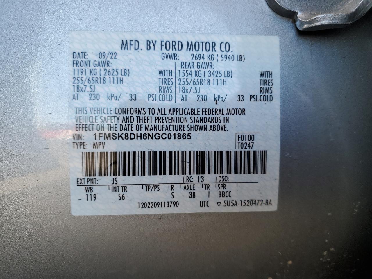2022 Ford Explorer VIN 1FMSK8DH6NGC01865 Copart auction photo, front end / minor dent/scratches damage thumbnail 13