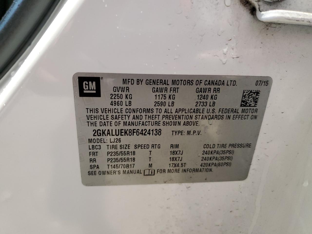2015 GMC Terrain VIN 2GKALUEK8F6424138 Copart auction photo, front end damage thumbnail 14