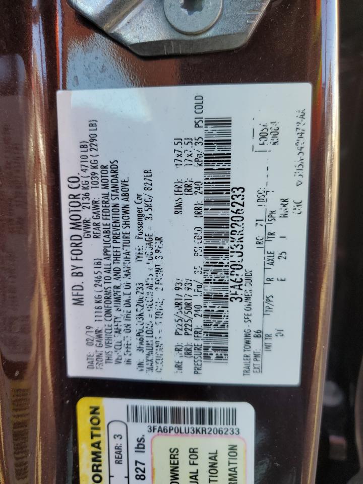 2019 Ford Fusion VIN 3FA6P0LU3KR206233 Copart auction photo, front end / undercarriage damage thumbnail 12
