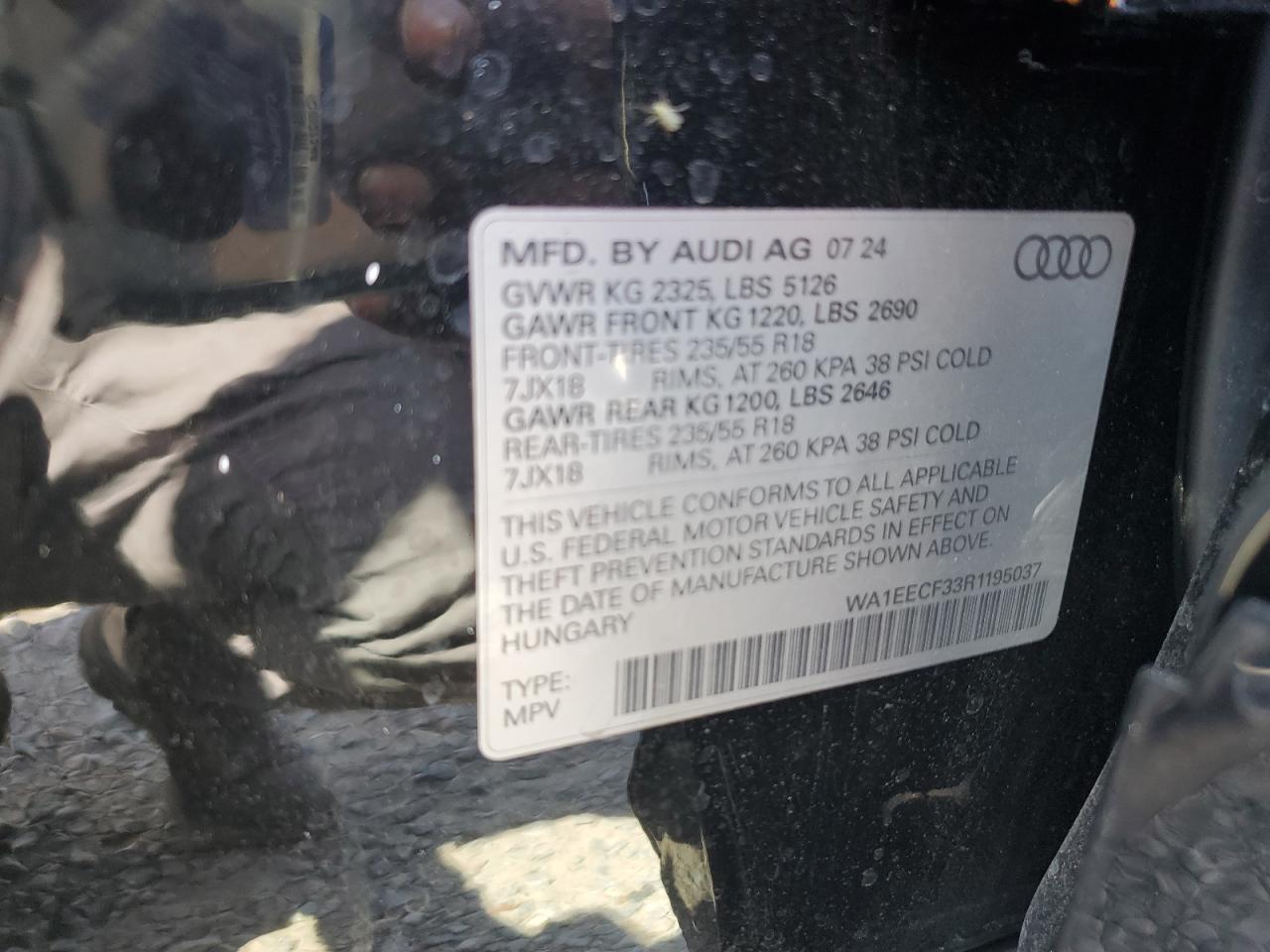 2024 Audi Q3 VIN WA1EECF33R1195037 Copart auction photo, front end damage thumbnail 12