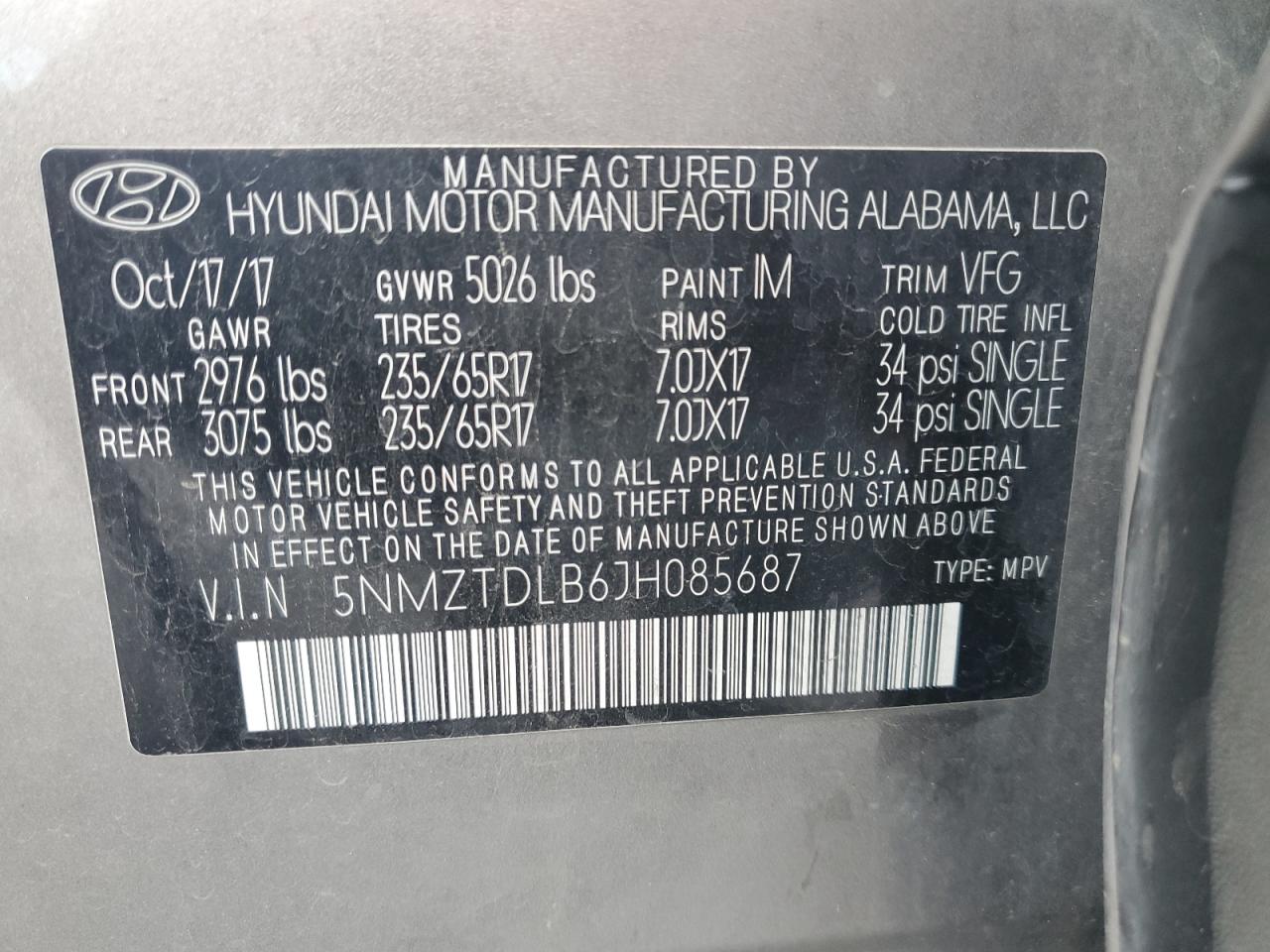 2018 Hyundai Santa Fe VIN 5NMZTDLB6JH085687 Copart auction photo, rear end damage thumbnail 14