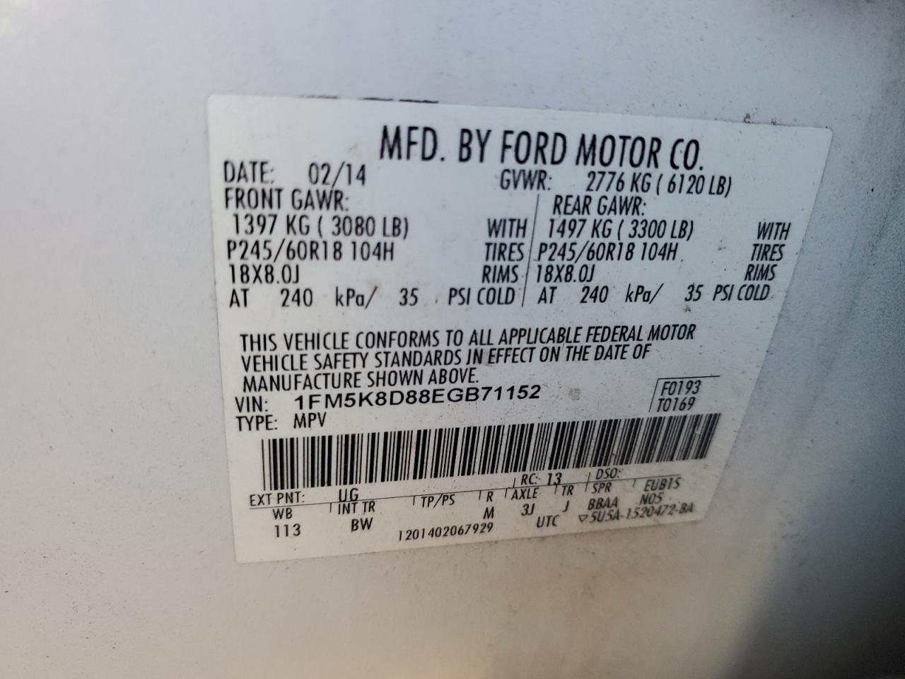 2014 Ford Explorer VIN 1FM5K8D88EGB71152 Copart auction photo, front end / minor dent/scratches damage thumbnail 15