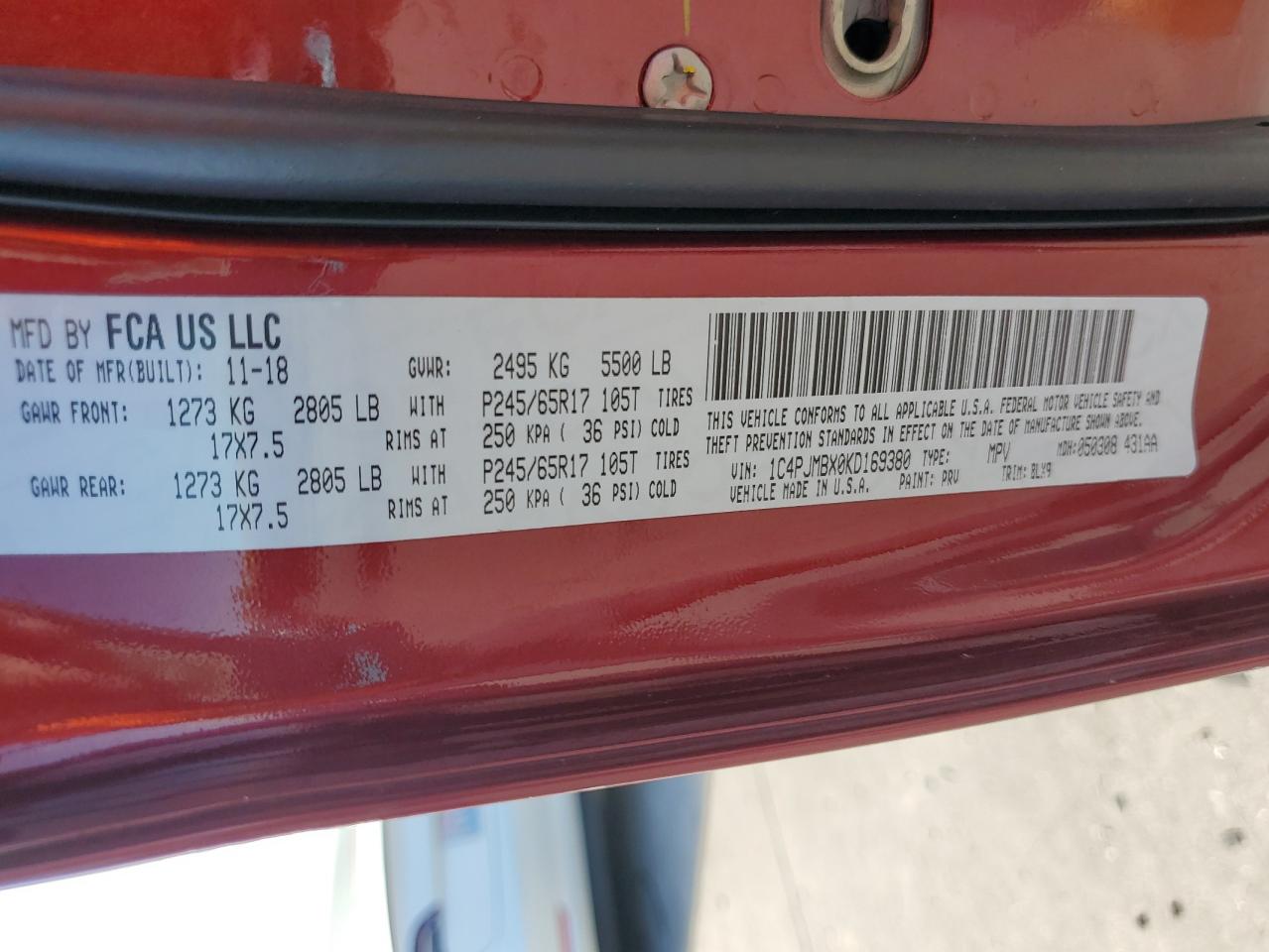 2019 Jeep Cherokee VIN 1C4PJMBX0KD169380 Copart auction photo, front end damage thumbnail 13