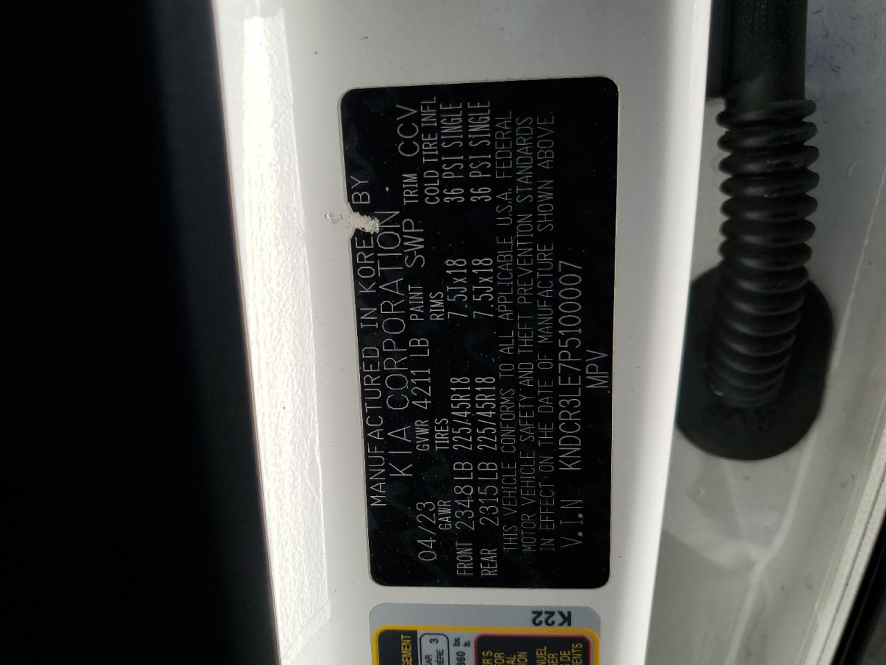 2023 KIA Niro VIN KNDCR3LE7P5100007 Copart auction photo, rear end damage thumbnail 14