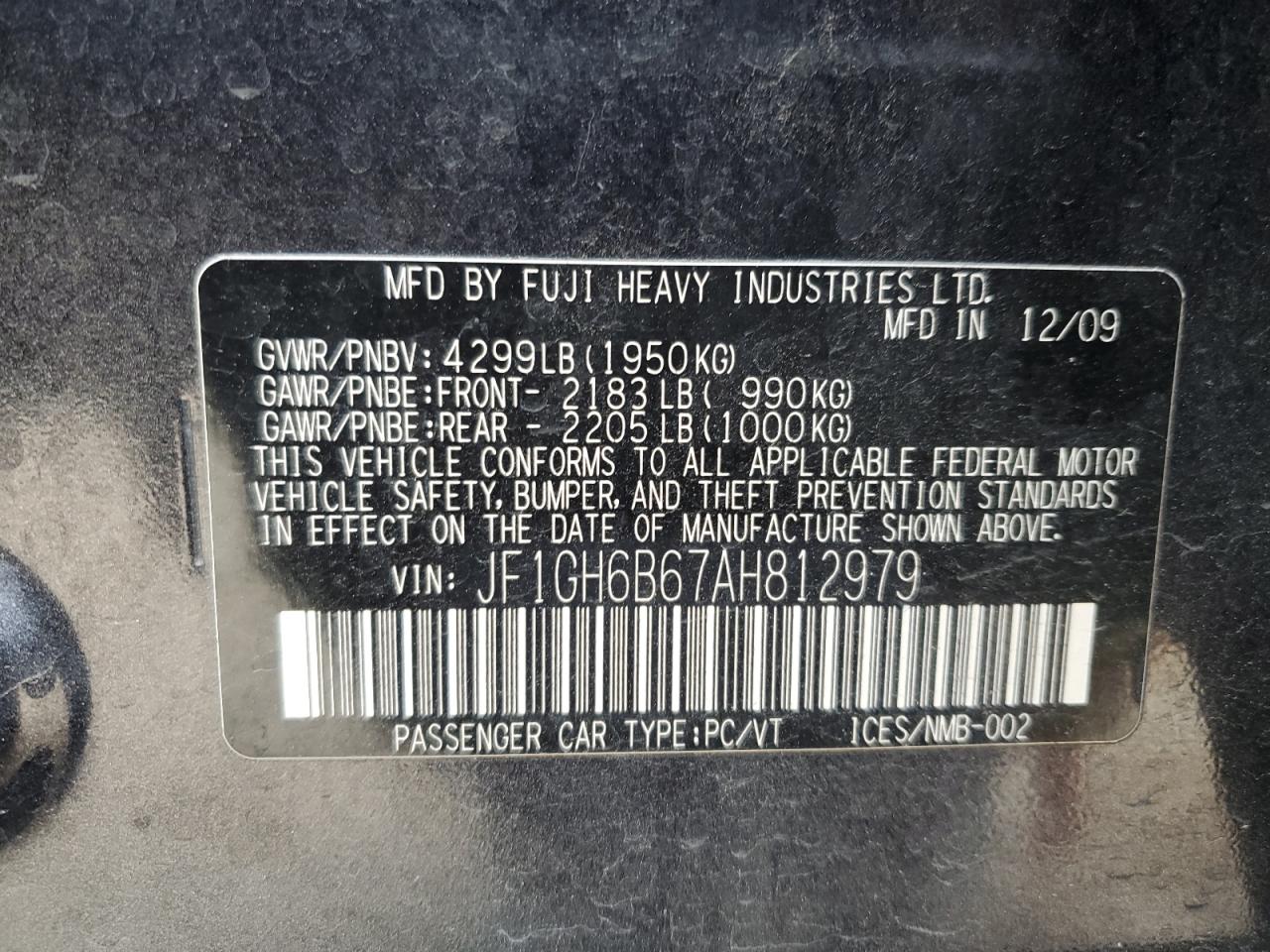 2010 Subaru Impreza VIN JF1GH6B67AH812979 Copart auction photo, side damage thumbnail 13
