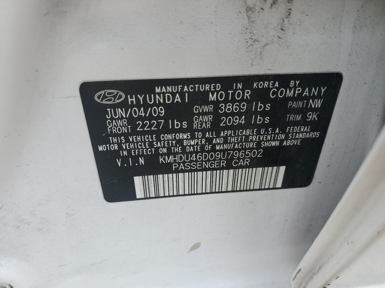 2009 Hyundai Elantra VIN KMHDU46D09U796502 Copart auction photo, front end / rear end damage thumbnail 13