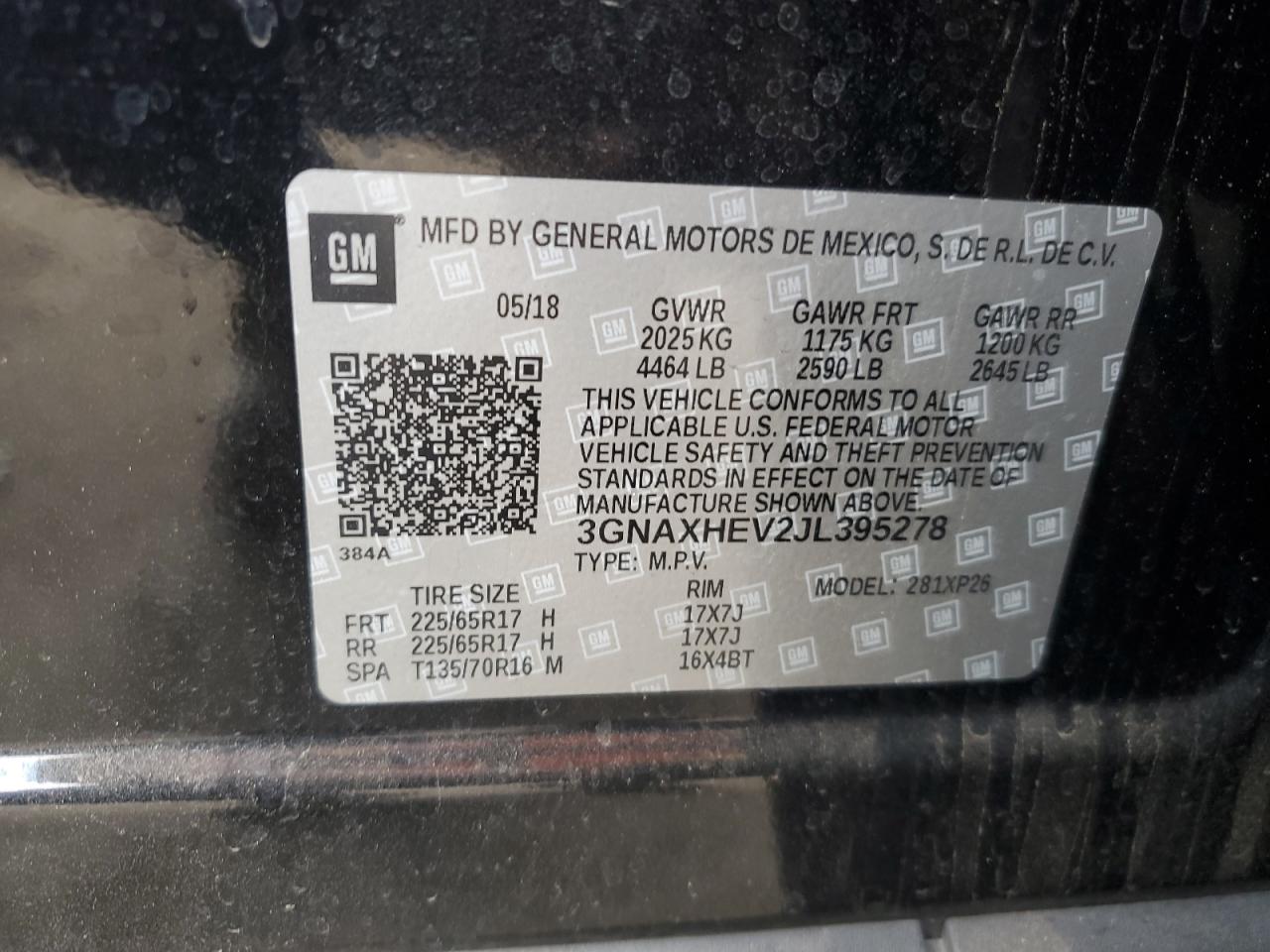 2018 Chevrolet Equinox VIN 3GNAXHEV2JL395278 Copart auction photo, front end damage thumbnail 16