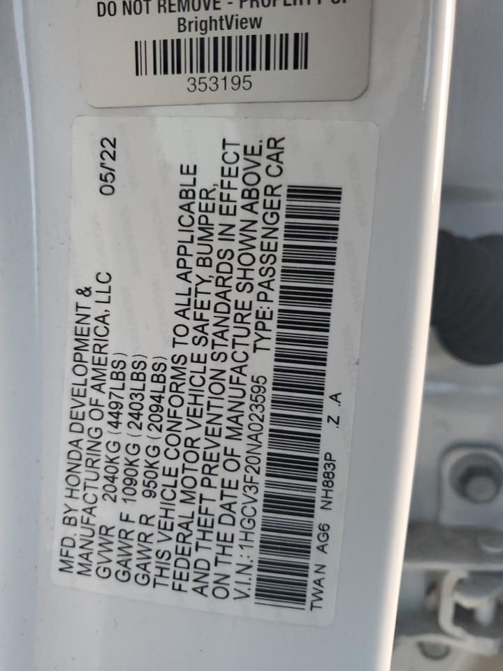2022 Honda Accord VIN 1HGCV3F20NA023595 Copart auction photo, all over / undercarriage damage thumbnail 14